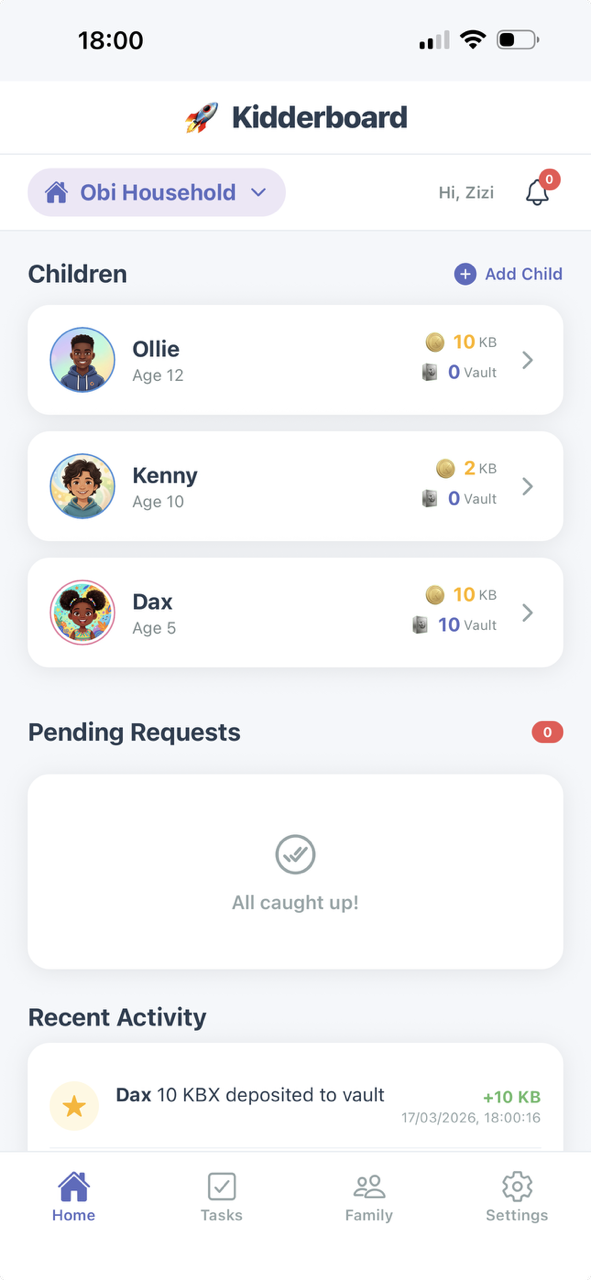 Kidderboard app showing child activities dashboard